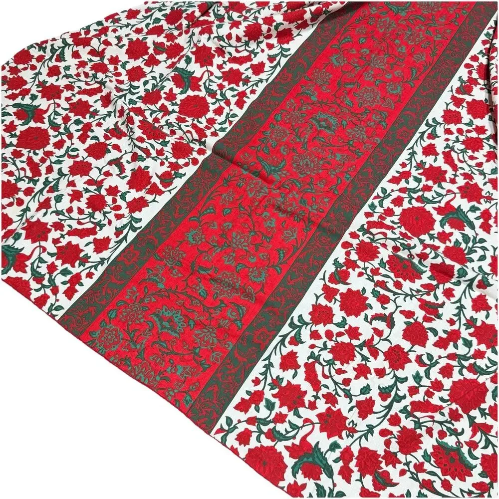 Vintage Vera Neumann Red Green Christmas Floral Linen Tablecloth 70s 64x84